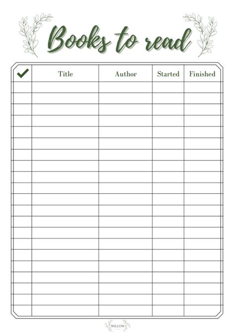 Book Checklist Template