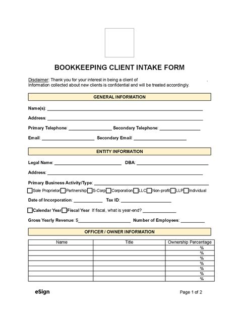 Bookkeeping Client Intake Form Template Structure