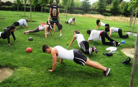 Boot camp participants doing strength training