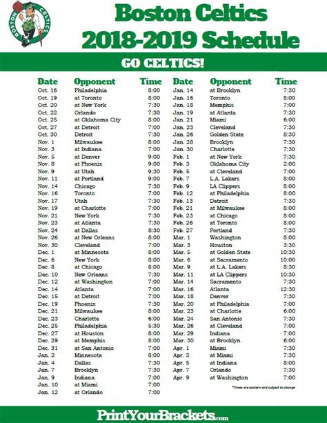 Boston Celtics Schedule Printable Excel