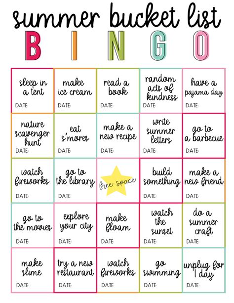 Bucket List Bingo for goal setting