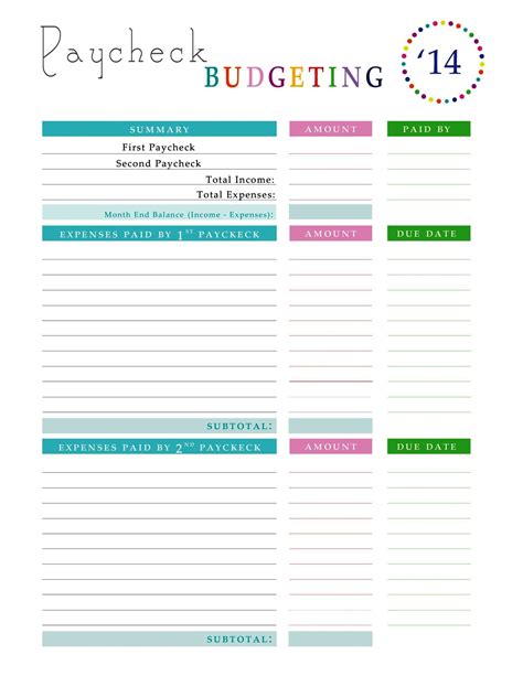 Budget by Paycheck Printable Form