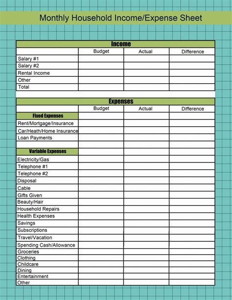 Budget Template for Income