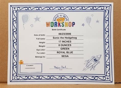 A sample Build-A-Bear certificate featuring a cute bear