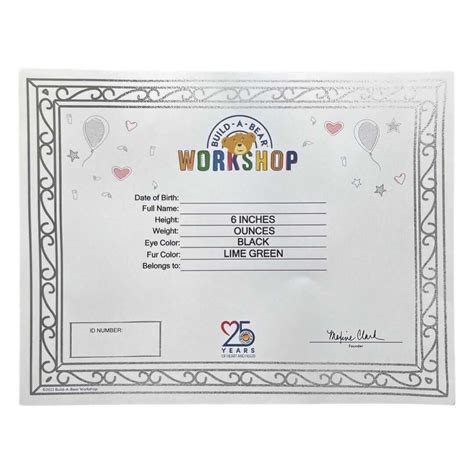 A sample Build-A-Bear certificate featuring a bear with a moon