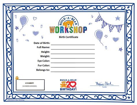 A sample Build-A-Bear certificate featuring a bear with a bow tie