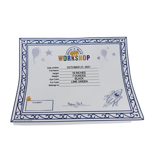 A sample Build-A-Bear certificate featuring a bear with sunglasses