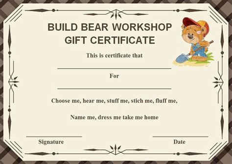 A sample Build-A-Bear certificate featuring a bear with a scarf