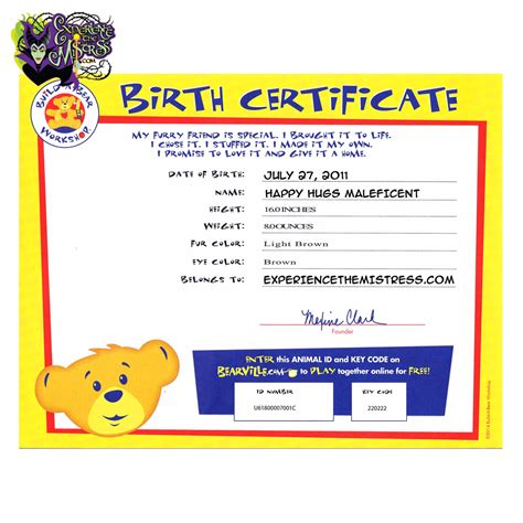 A sample Build-A-Bear certificate featuring a bear with a heart