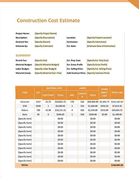 Building Construction Cost Estimate Template