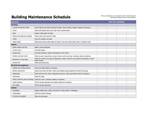 Building Maintenance Schedule Template Excel Example