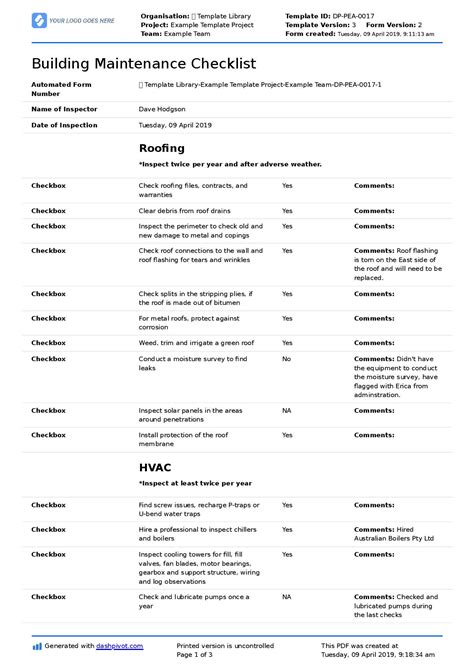 Building Maintenance Schedule Template PDF Download