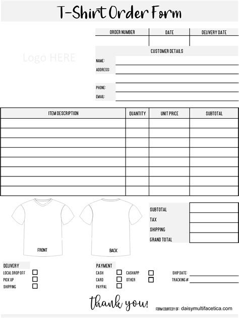 Bulk Order T-Shirt Form Template