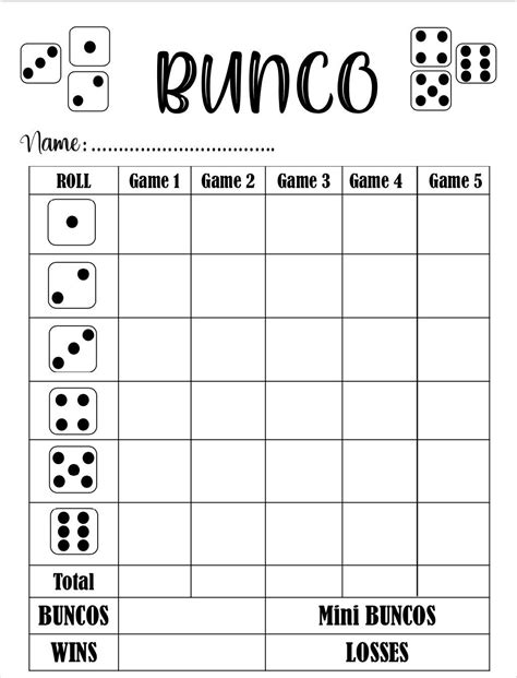 Bunco Score Card Template Printable