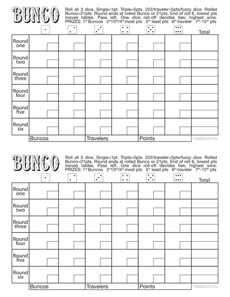 Bunco Scorecard Layout