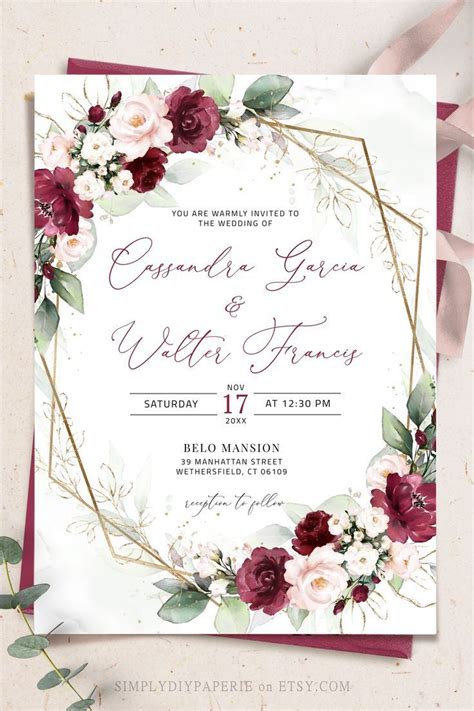 Burgundy wedding invitation template 1