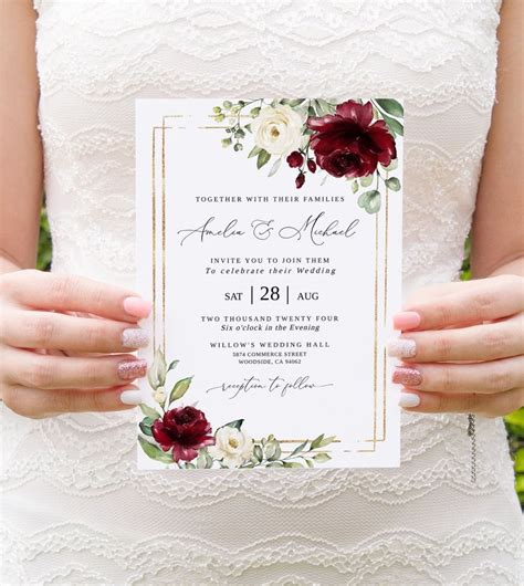 Burgundy wedding invitation template 3