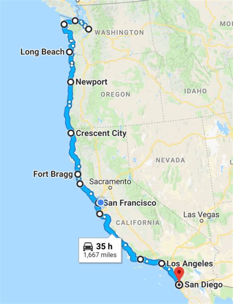 A bus travel route along the Pacific Coast Highway