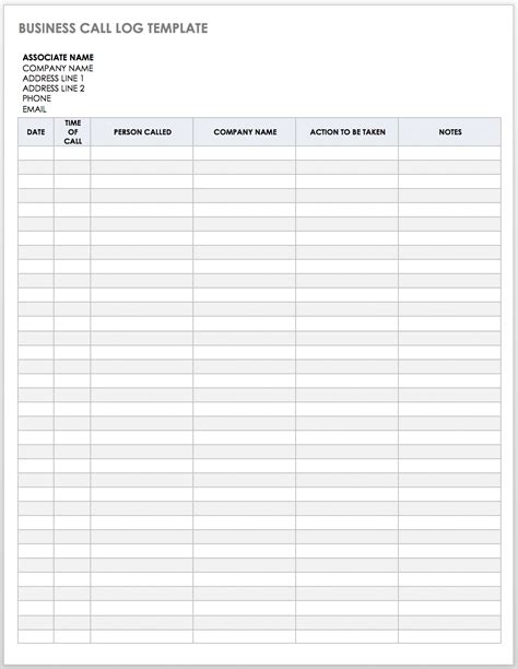 Business Call Log Template