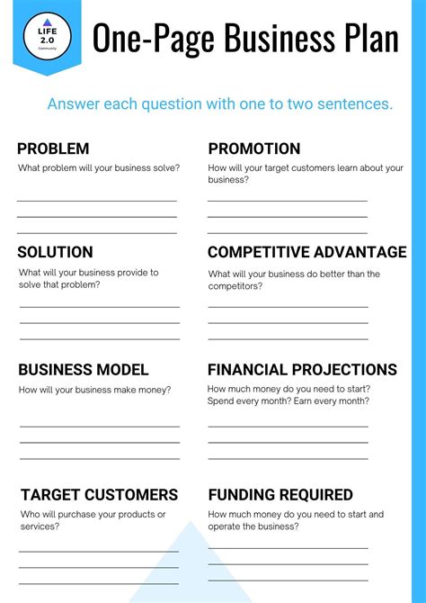 Business Plan One Pager Template