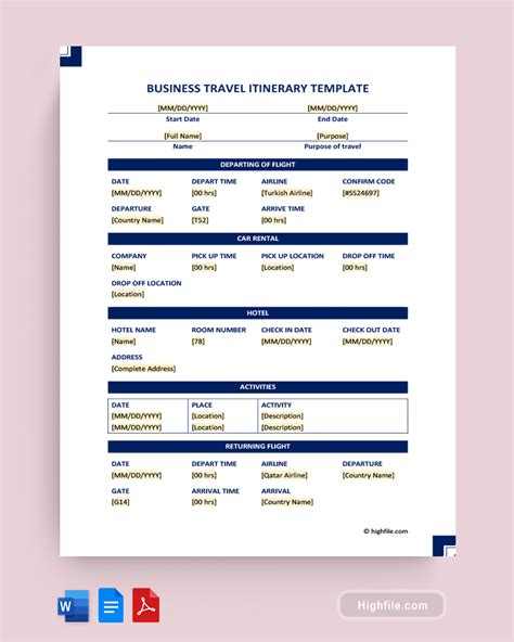 Business Travel Itinerary Template in Google Sheets