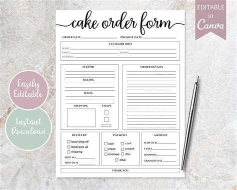 Custom Cake Order Form Template