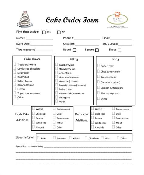 A checklist of requirements for a cake order form template