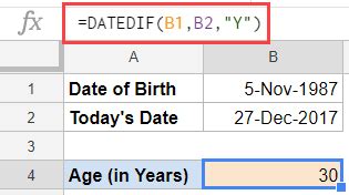 Calculate Age in Google Sheets