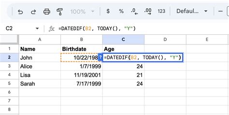 Calculate Age in Google Sheets