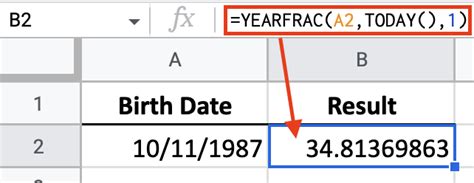 Calculate Age using YEARFRAC Function