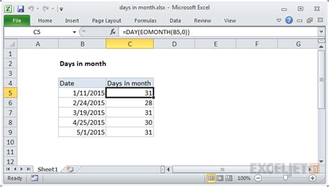 Calculate Days in Month Excel