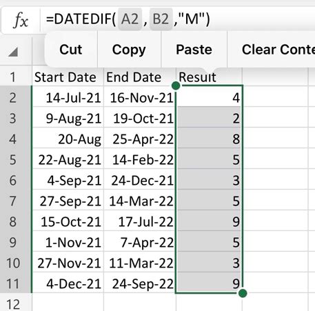 Calculate Months Between Two Dates in Excel