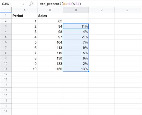 Calculating percentage change in Google Sheets