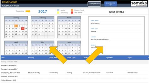 An example of a calendar add-in events calendar in Excel