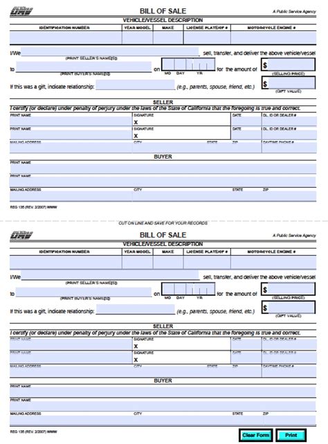 California DMV Bill of Sale Form Sample