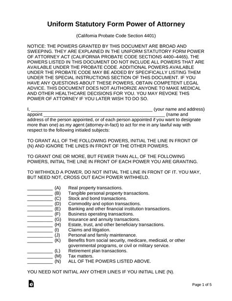 California Durable Power of Attorney Form 1