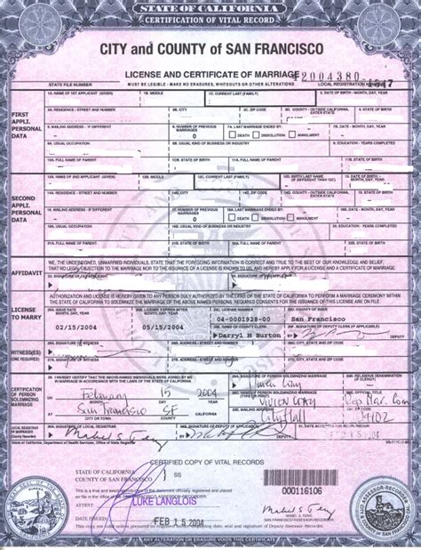 California marriage license record template