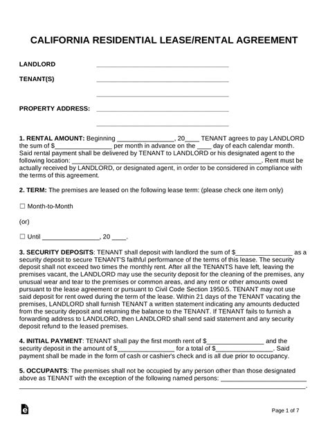 California Rental Agreement Contracts