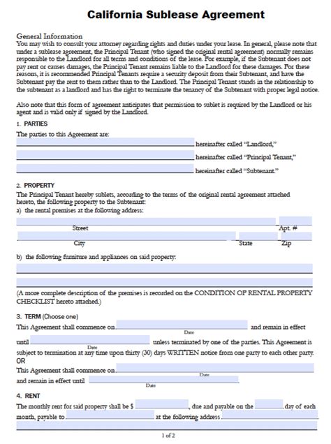 California Sublet Lease Agreement Sample PDF