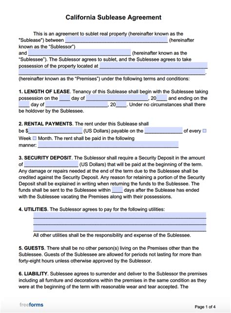 California Sublet Lease Agreement Template Printable