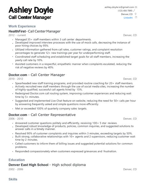 Call Center Manager Resume Template