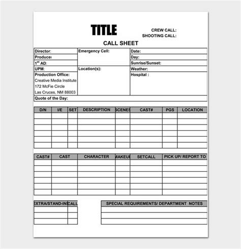 Call sheet template document template