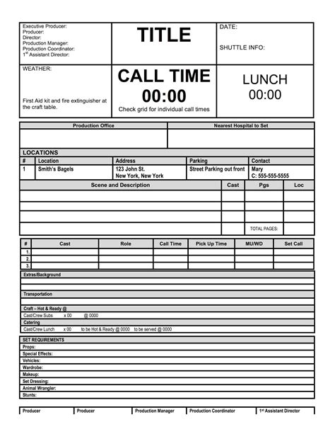 Call sheet template for film production