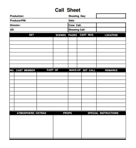 Call sheet template in PDF format