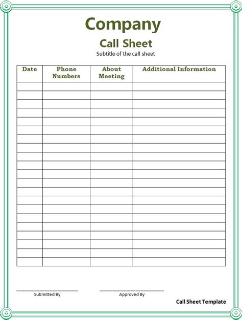 Printable call sheet template