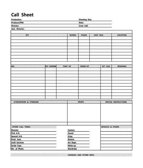 Sample call sheet template