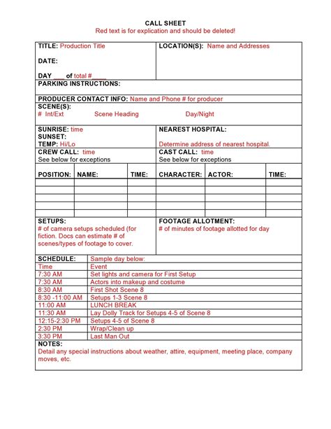 Example of a call sheet template