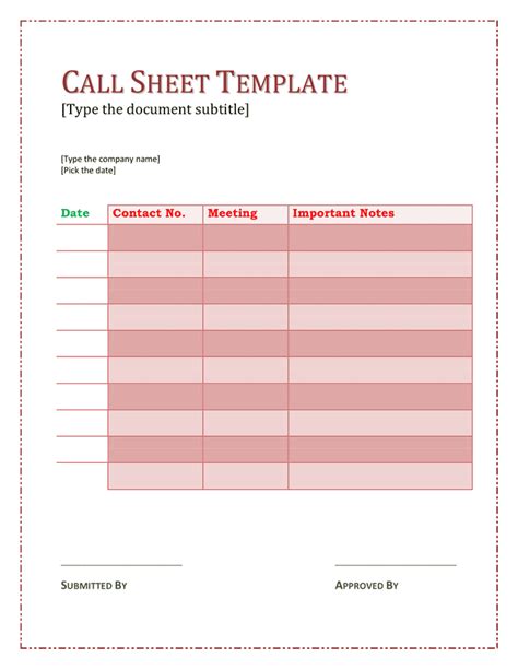 Call sheet template in Word document