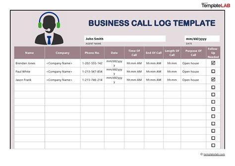 Call tracking Excel template layout