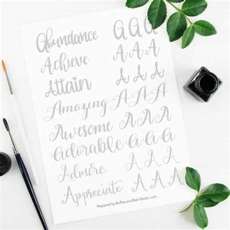 A printable focused on the practice of calligraphy lettering and its fundamentals